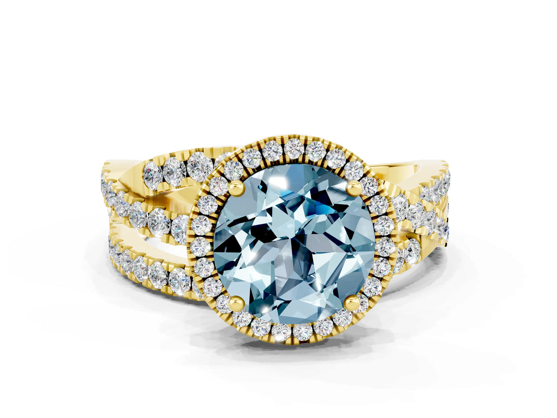 Yellow gold Round Cut Aquamarine Halo Ring with Round Split Shank and Prong Setting_48
