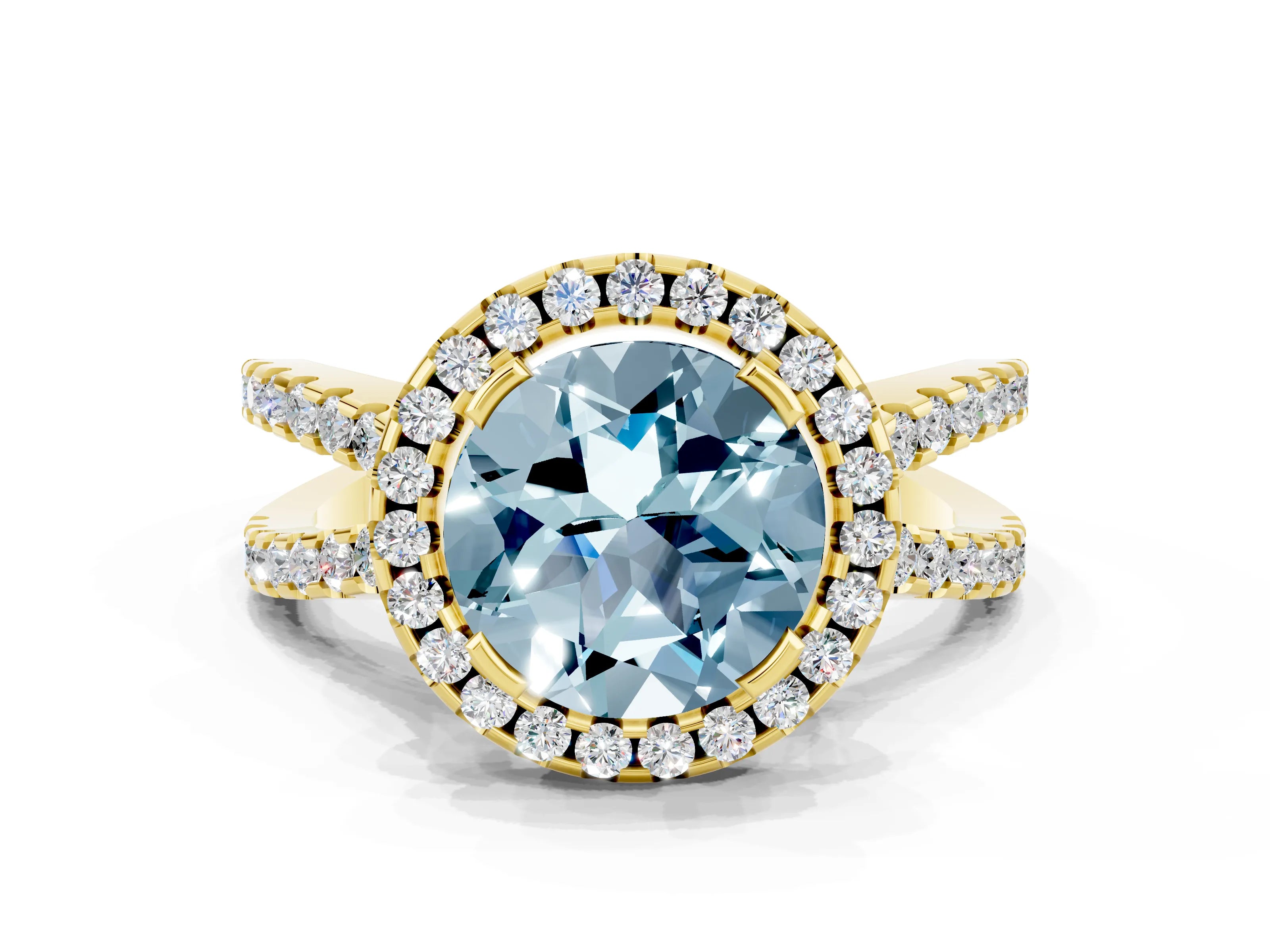 Yellow gold Round Cut Aquamarine Halo Ring with Split Shank Pavé Band and Prong Setting