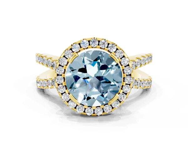 Yellow gold Round Cut Aquamarine Halo Ring with Split Shank Pavé Band and Prong Setting