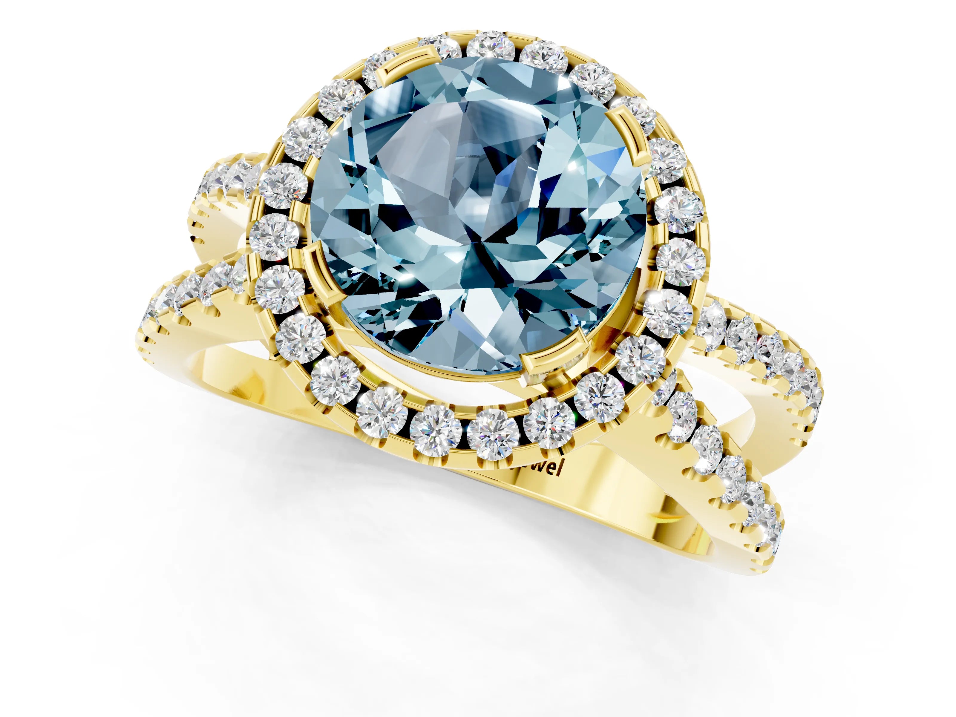 Yellow gold Round Cut Aquamarine Halo Ring with Split Shank Pavé Band and Prong Setting_1