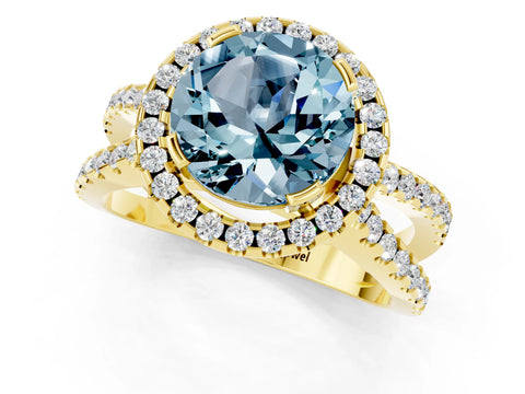 Yellow gold Round Cut Aquamarine Halo Ring with Split Shank Pavé Band and Prong Setting_1