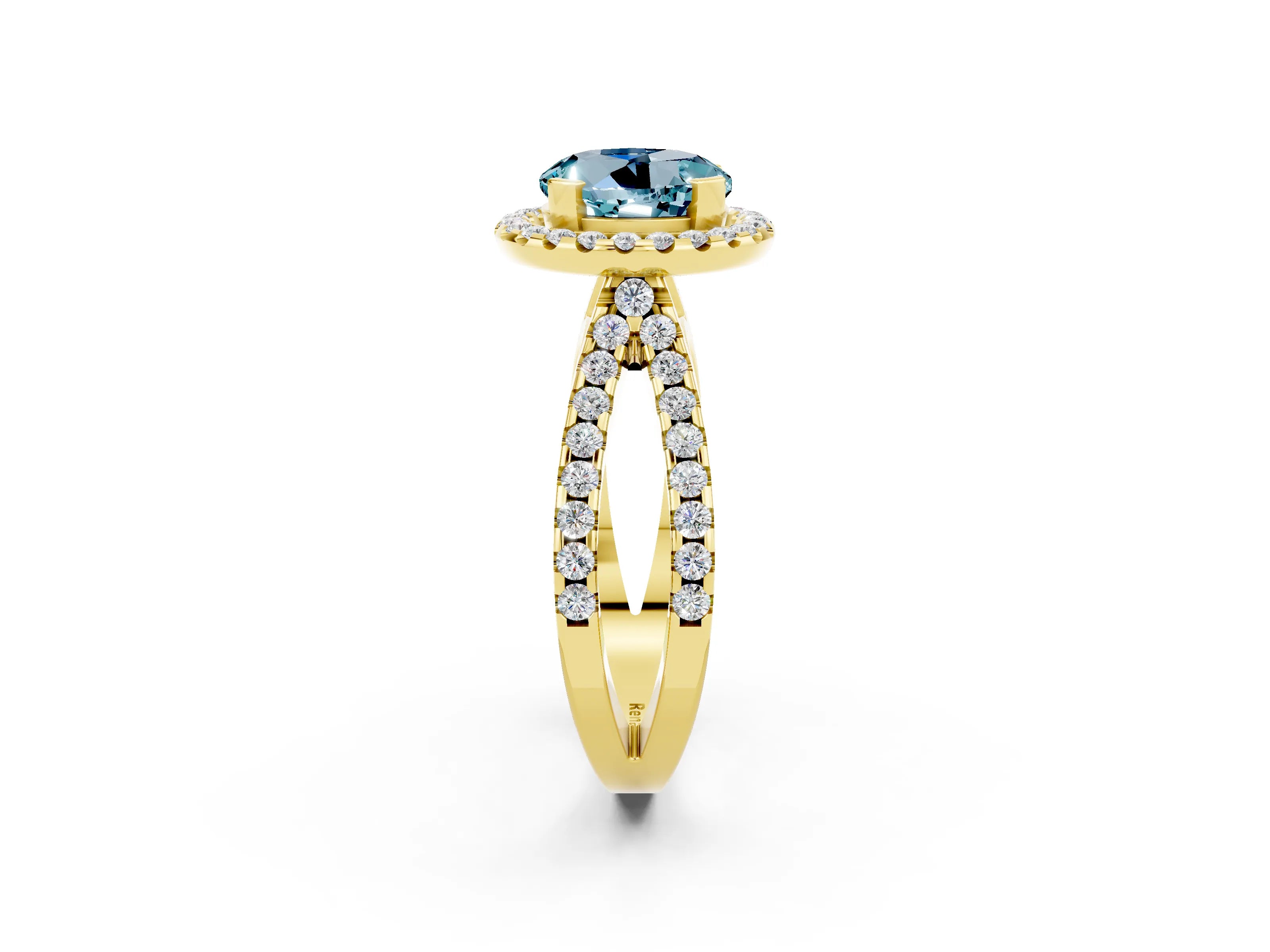 Yellow gold Round Cut Aquamarine Halo Ring with Split Shank Pavé Band and Prong Setting_2