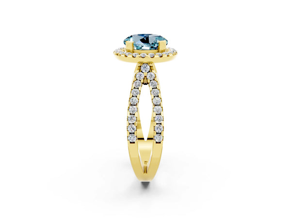 Yellow gold Round Cut Aquamarine Halo Ring with Split Shank Pavé Band and Prong Setting