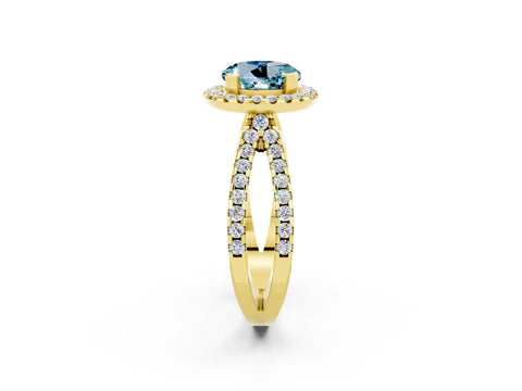 Yellow gold Round Cut Aquamarine Halo Ring with Split Shank Pavé Band and Prong Setting_2