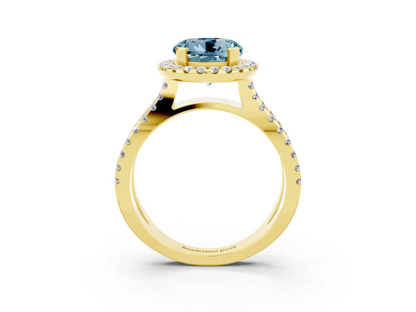 Yellow gold Round Cut Aquamarine Halo Ring with Split Shank Pavé Band and Prong Setting
