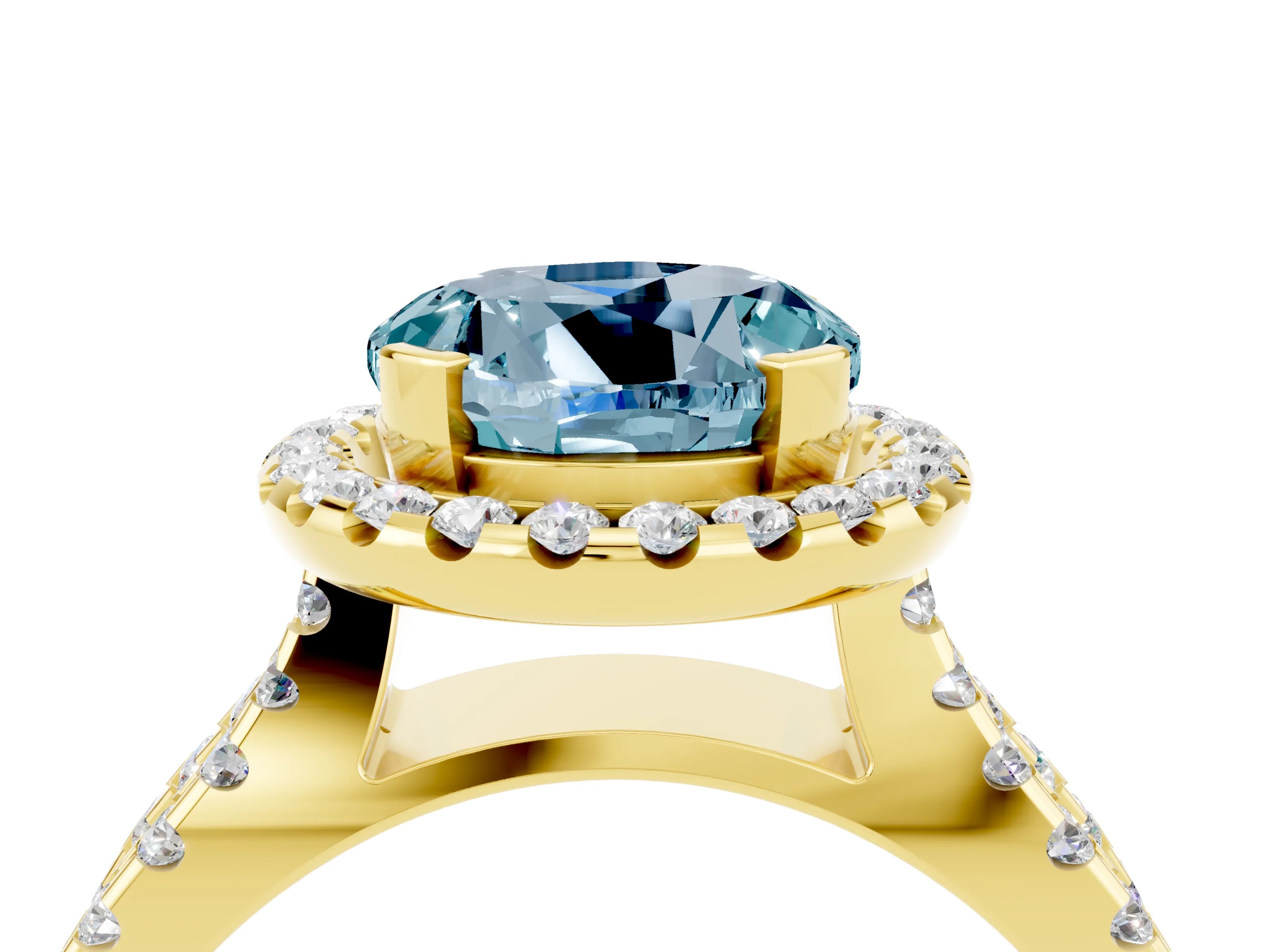 Yellow gold Round Cut Aquamarine Halo Ring with Split Shank Pavé Band and Prong Setting_4