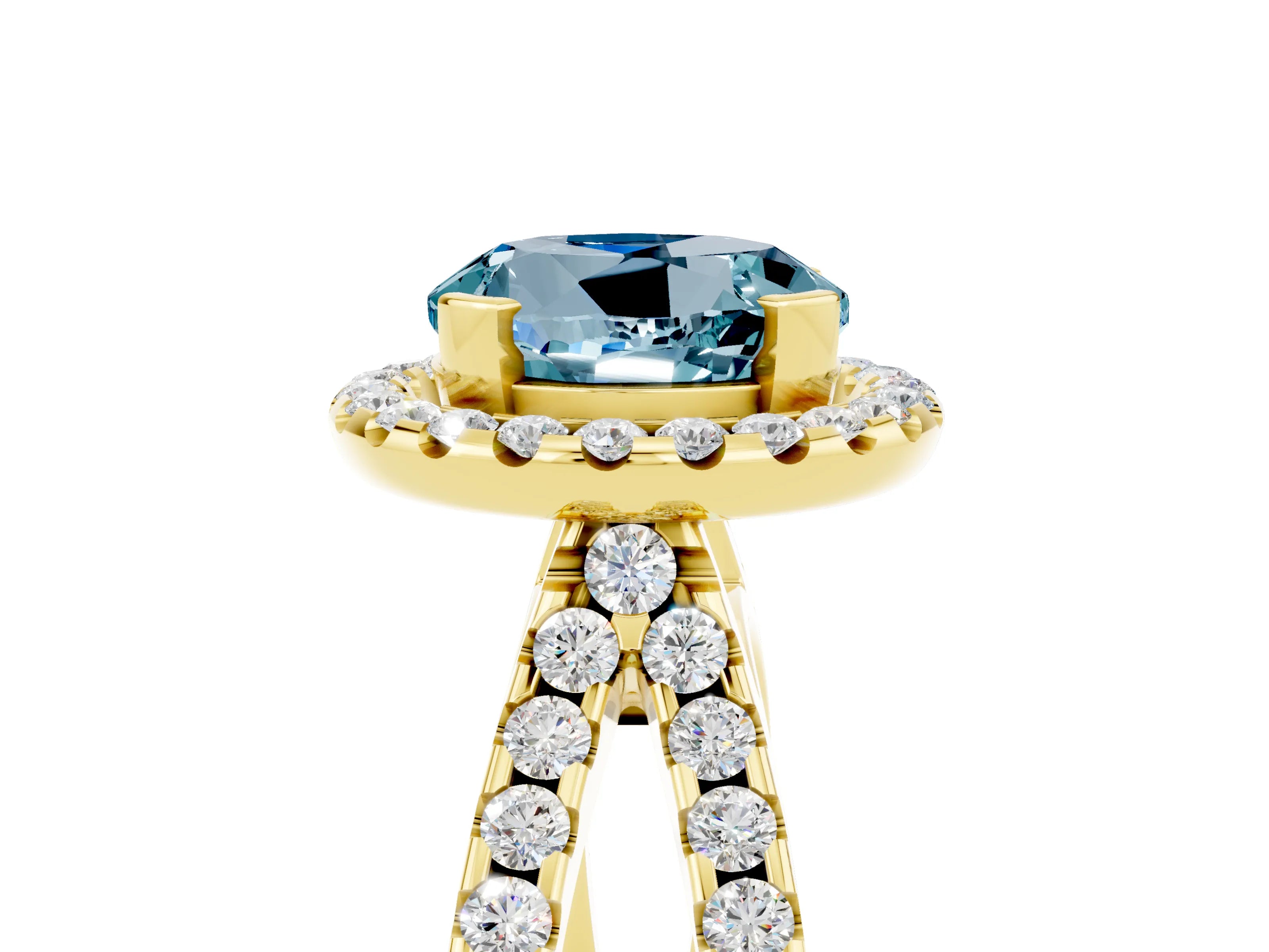 Yellow gold Round Cut Aquamarine Halo Ring with Split Shank Pavé Band and Prong Setting_5