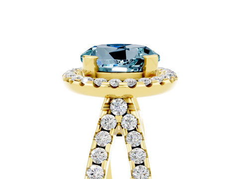 Yellow gold Round Cut Aquamarine Halo Ring with Split Shank Pavé Band and Prong Setting_5