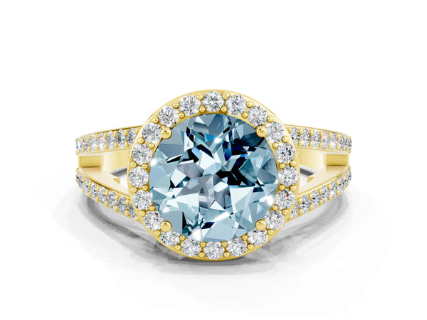 Yellow gold Round Cut Aquamarine Halo Ring with Split Shank U-Prong Band and Four-Prong Setting