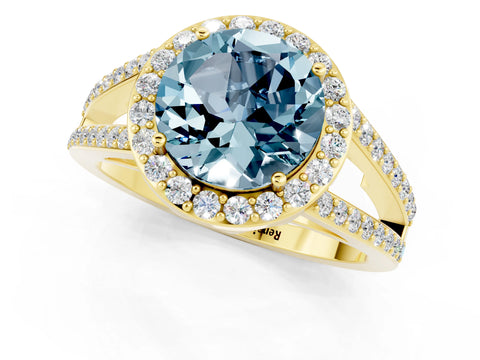 Yellow gold Round Cut Aquamarine Halo Ring with Split Shank U-Prong Band and Four-Prong Setting_1