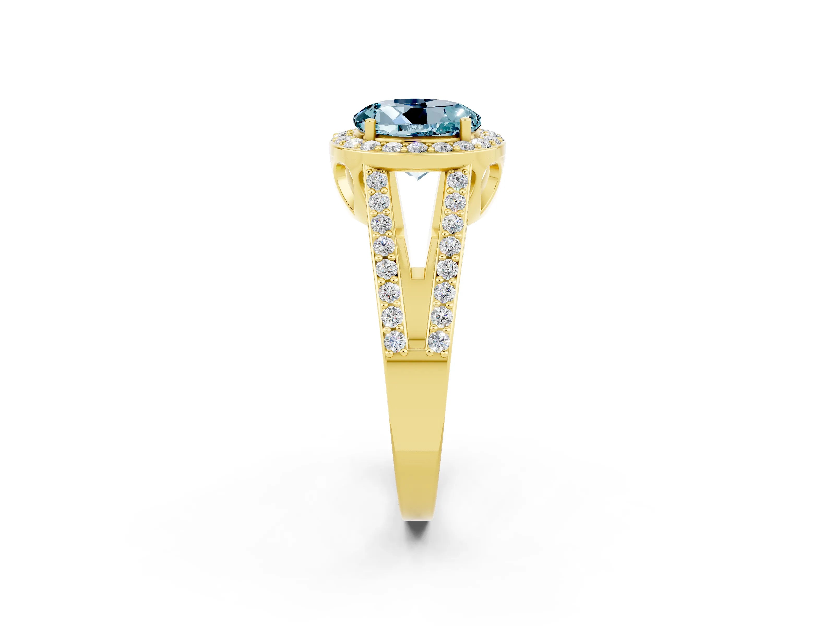 Yellow gold Round Cut Aquamarine Halo Ring with Split Shank U-Prong Band and Four-Prong Setting_2
