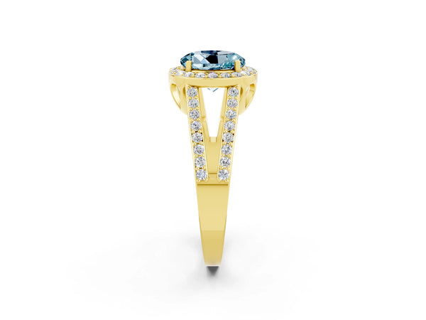 Yellow gold Round Cut Aquamarine Halo Ring with Split Shank U-Prong Band and Four-Prong Setting