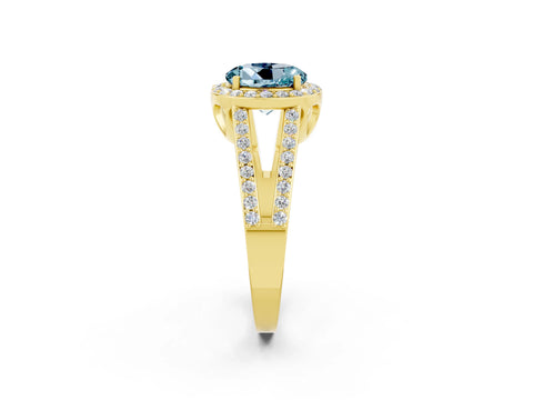 Yellow gold Round Cut Aquamarine Halo Ring with Split Shank U-Prong Band and Four-Prong Setting_2