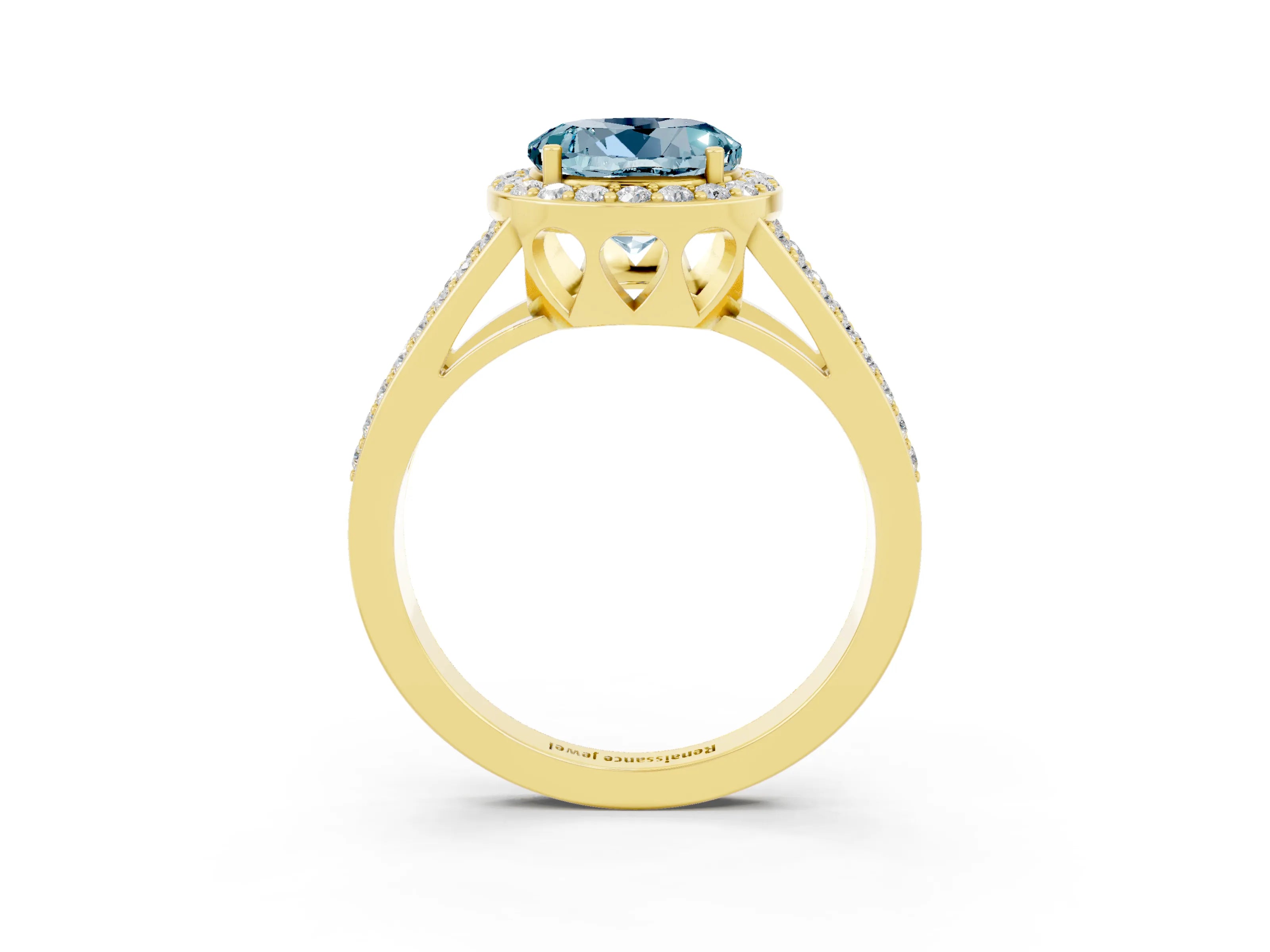 Yellow gold Round Cut Aquamarine Halo Ring with Split Shank U-Prong Band and Four-Prong Setting_3