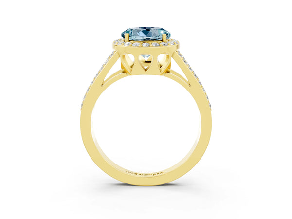 Yellow gold Round Cut Aquamarine Halo Ring with Split Shank U-Prong Band and Four-Prong Setting