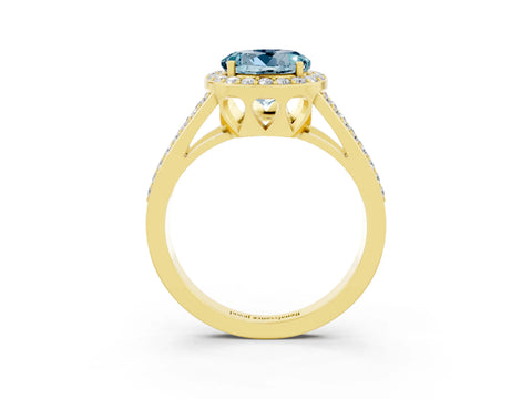 Yellow gold Round Cut Aquamarine Halo Ring with Split Shank U-Prong Band and Four-Prong Setting_3