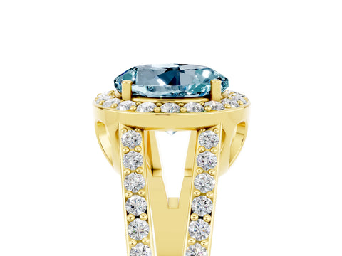 Yellow gold Round Cut Aquamarine Halo Ring with Split Shank U-Prong Band and Four-Prong Setting_5