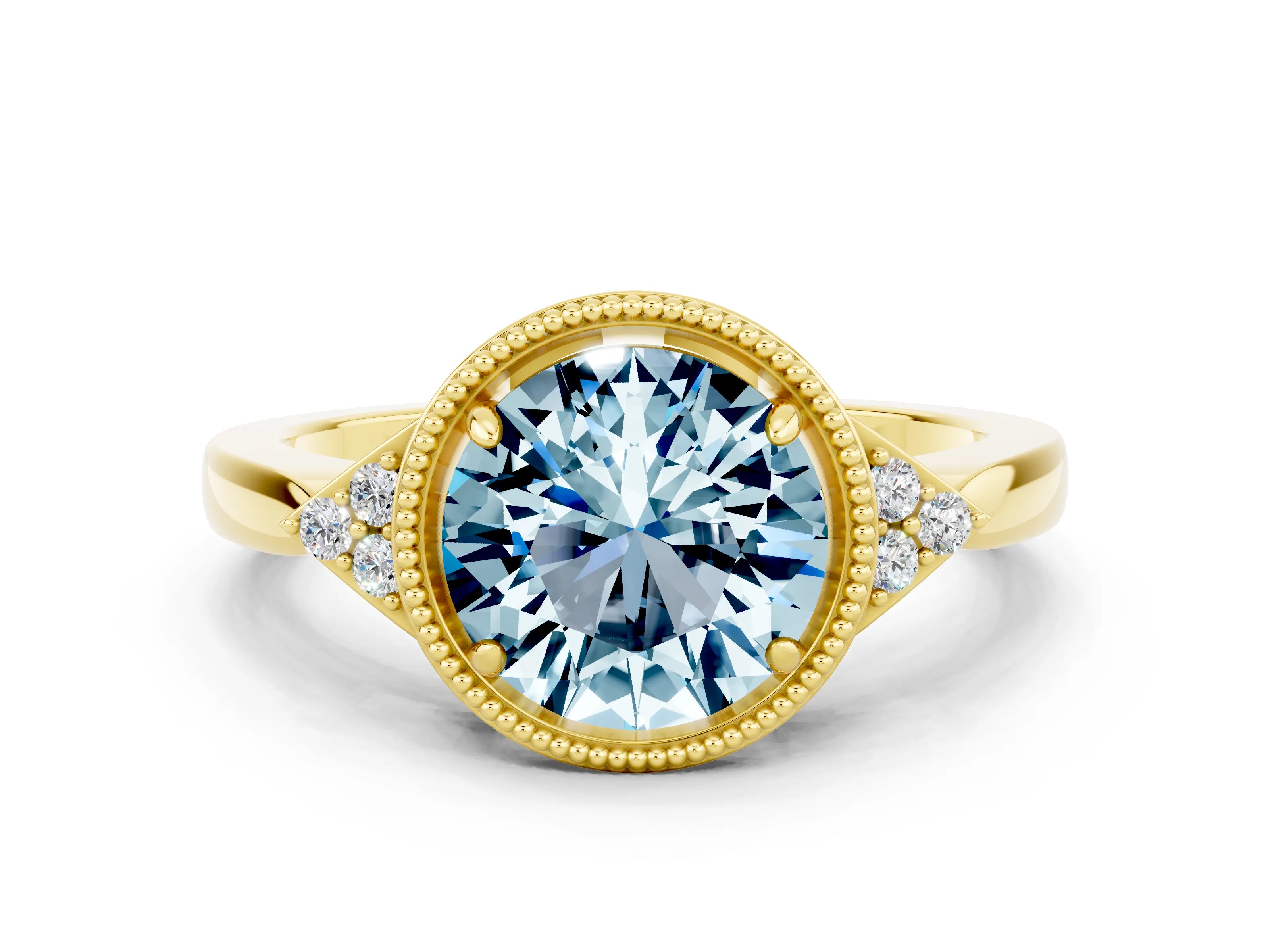 Yellow gold Round Cut Aquamarine Halo Ring with Tapered Band and Four-Prong Setting