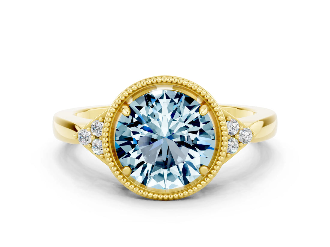 Yellow gold Round Cut Aquamarine Halo Ring with Tapered Band and Four-Prong Setting