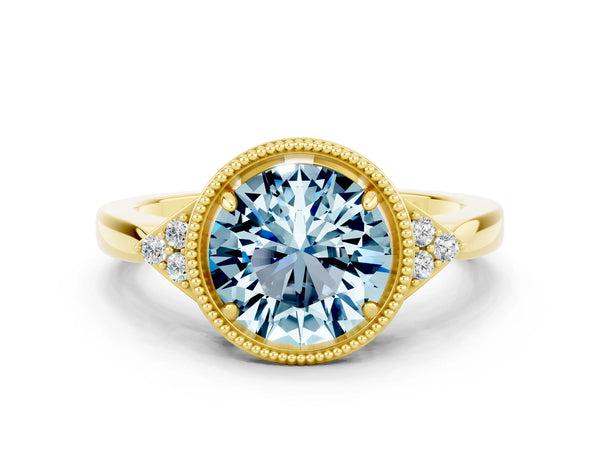 Yellow gold Round Cut Aquamarine Halo Ring with Tapered Band and Four-Prong Setting