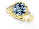 Yellow gold Round Cut Aquamarine Halo Ring with Tapered Band and Four-Prong Setting_1