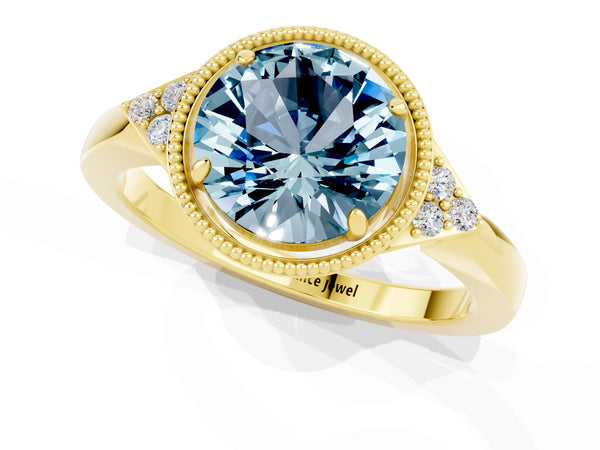 Yellow gold Round Cut Aquamarine Halo Ring with Tapered Band and Four-Prong Setting