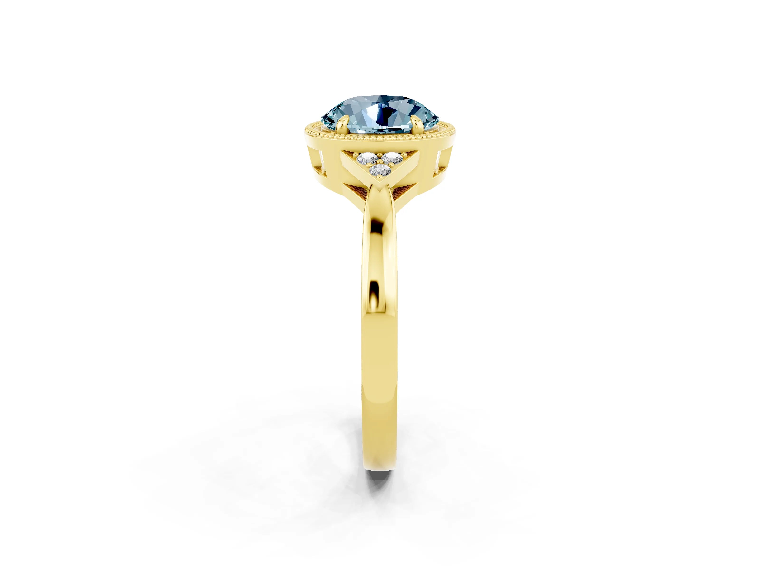 Yellow gold Round Cut Aquamarine Halo Ring with Tapered Band and Four-Prong Setting_2