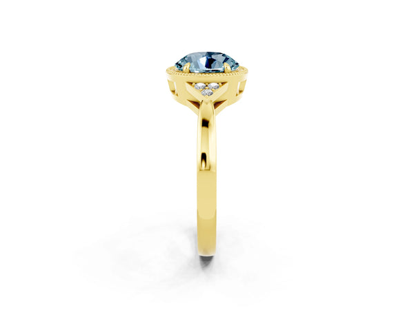 Yellow gold Round Cut Aquamarine Halo Ring with Tapered Band and Four-Prong Setting
