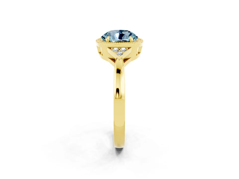 Yellow gold Round Cut Aquamarine Halo Ring with Tapered Band and Four-Prong Setting_2