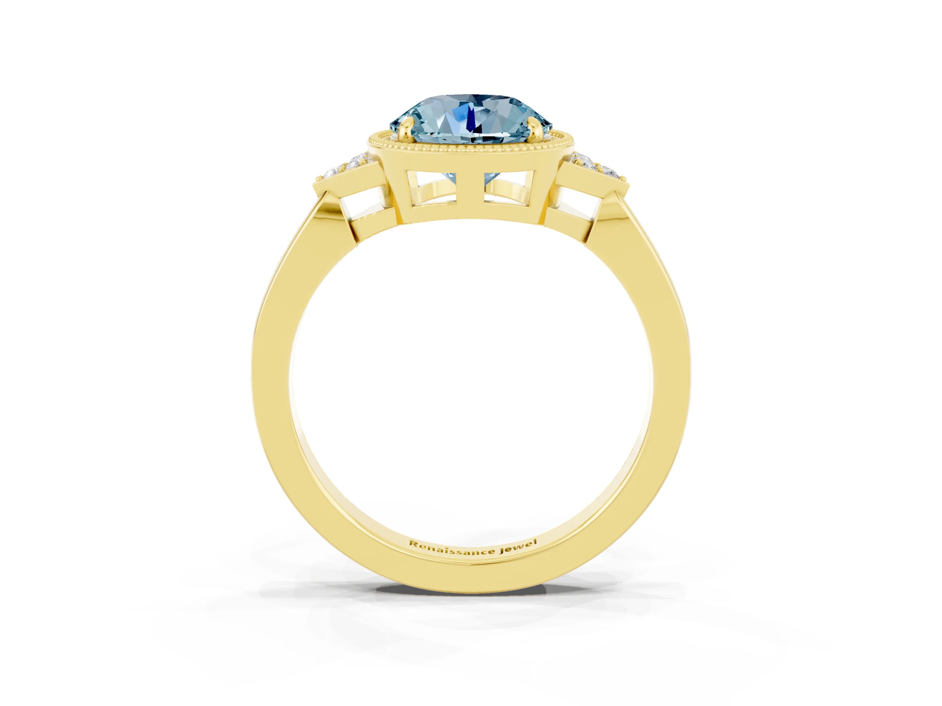 Yellow gold Round Cut Aquamarine Halo Ring with Tapered Band and Four-Prong Setting_3