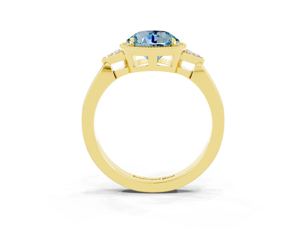 Yellow gold Round Cut Aquamarine Halo Ring with Tapered Band and Four-Prong Setting
