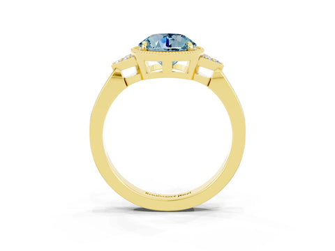 Yellow gold Round Cut Aquamarine Halo Ring with Tapered Band and Four-Prong Setting_3