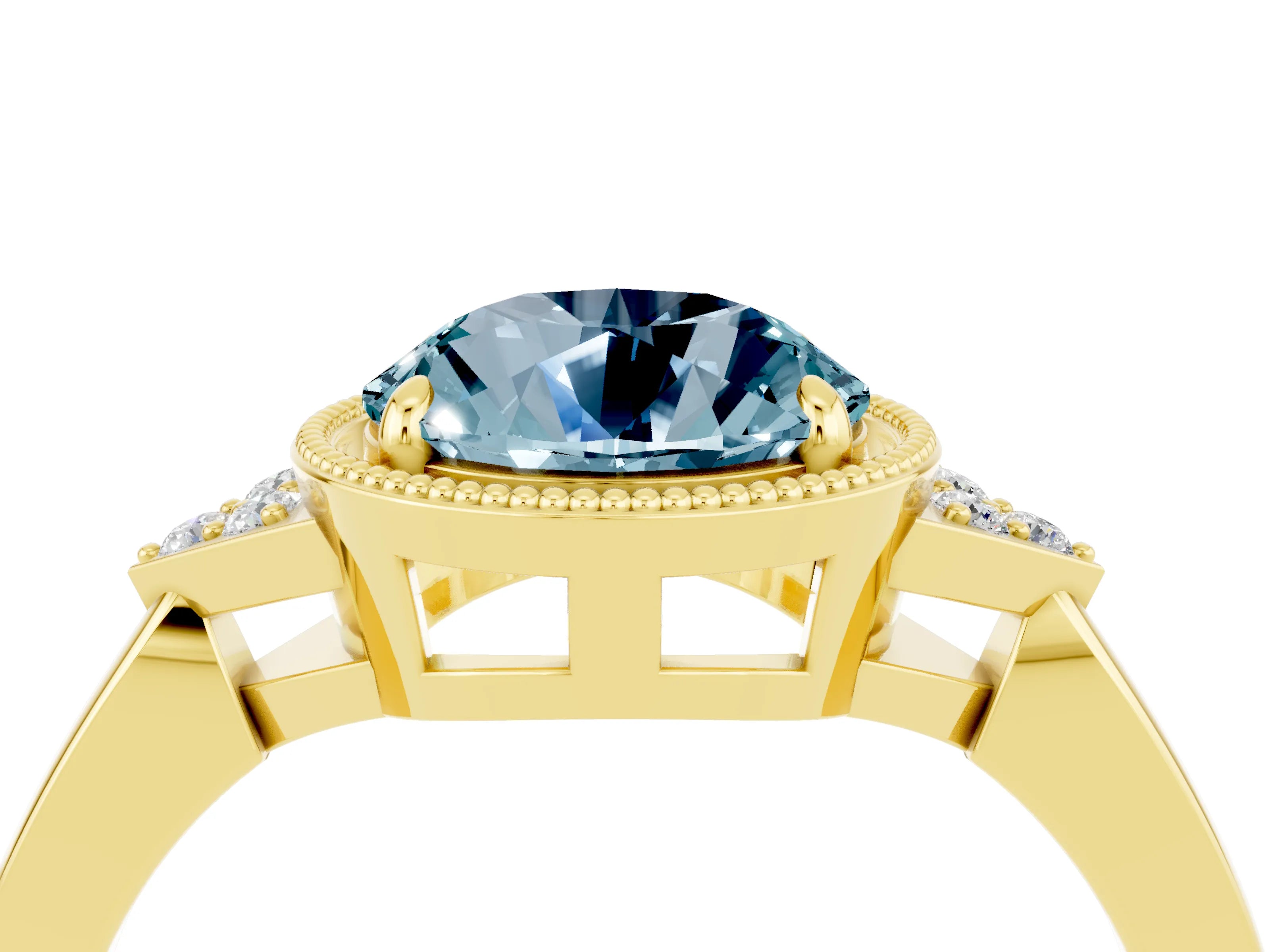 Yellow gold Round Cut Aquamarine Halo Ring with Tapered Band and Four-Prong Setting_4