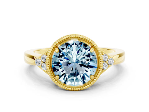 Yellow gold Round Cut Aquamarine Halo Ring with Tapered Band and Four-Prong Setting
