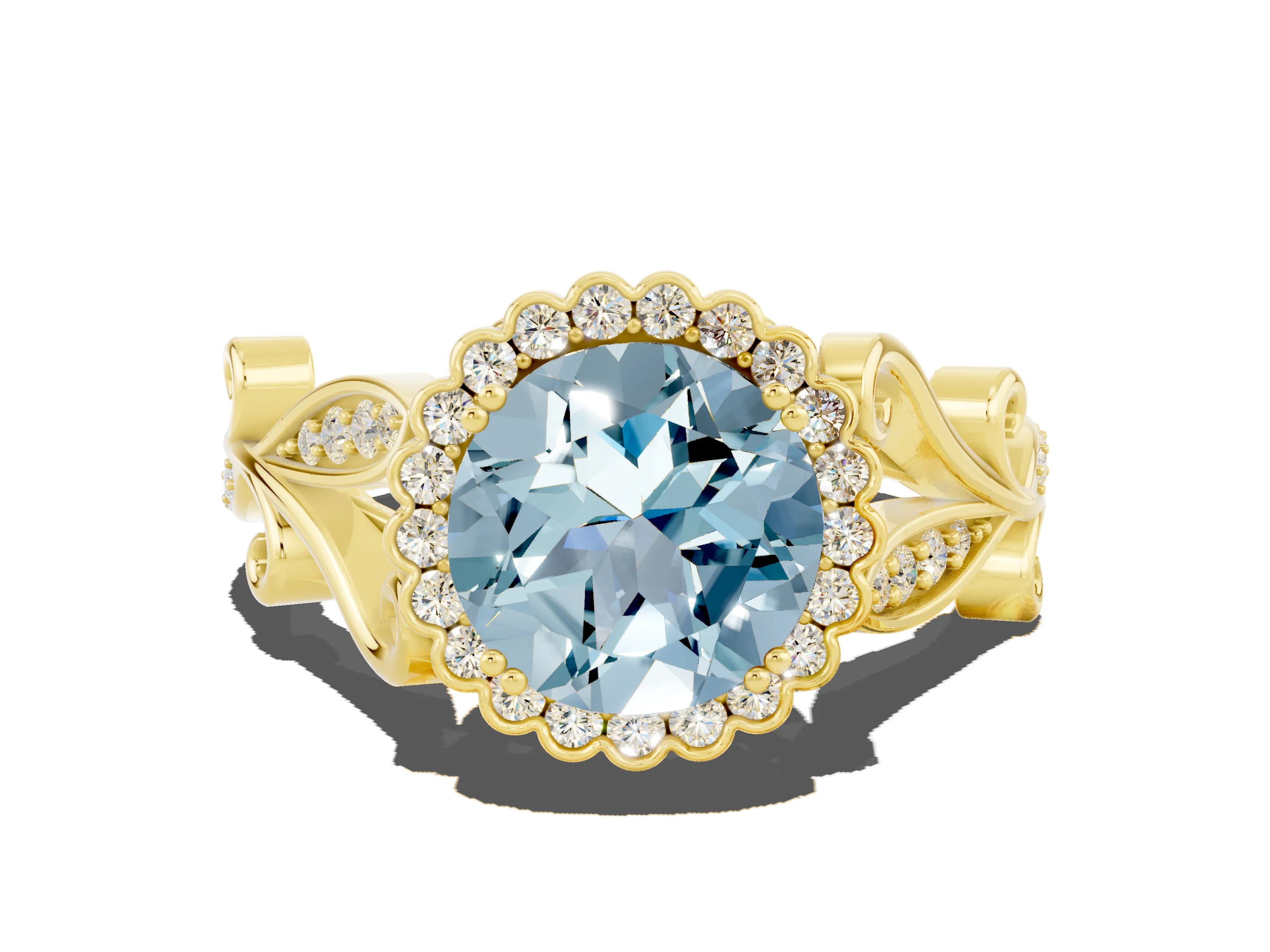 Yellow gold Round Cut Aquamarine Halo Ring with Vintage Split Shank and Four-Prong Setting