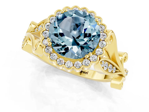 Yellow gold Round Cut Aquamarine Halo Ring with Vintage Split Shank and Four-Prong Setting_1