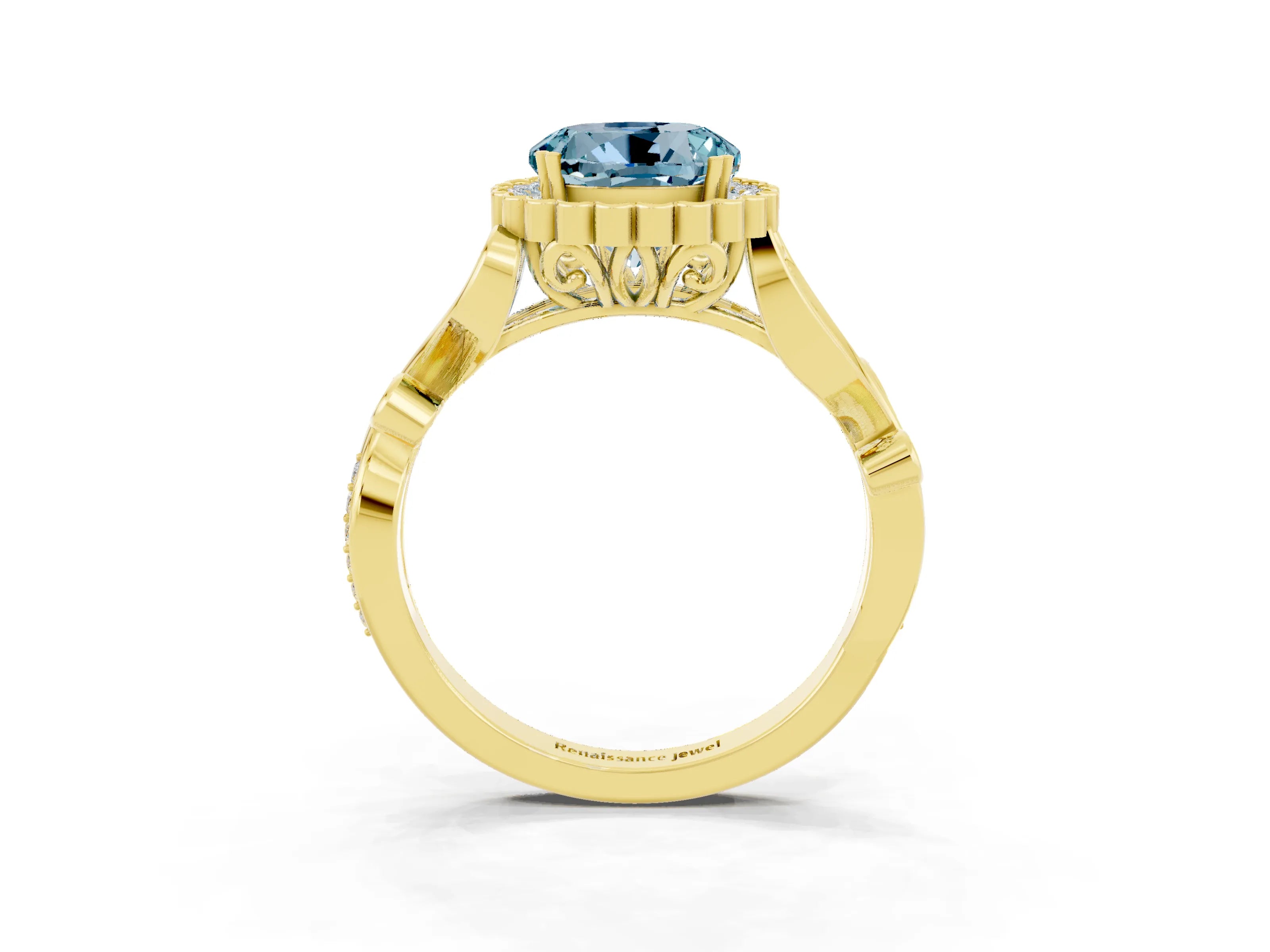 Yellow gold Round Cut Aquamarine Halo Ring with Vintage Split Shank and Four-Prong Setting_3