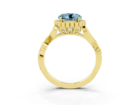 Yellow gold Round Cut Aquamarine Halo Ring with Vintage Split Shank and Four-Prong Setting_3