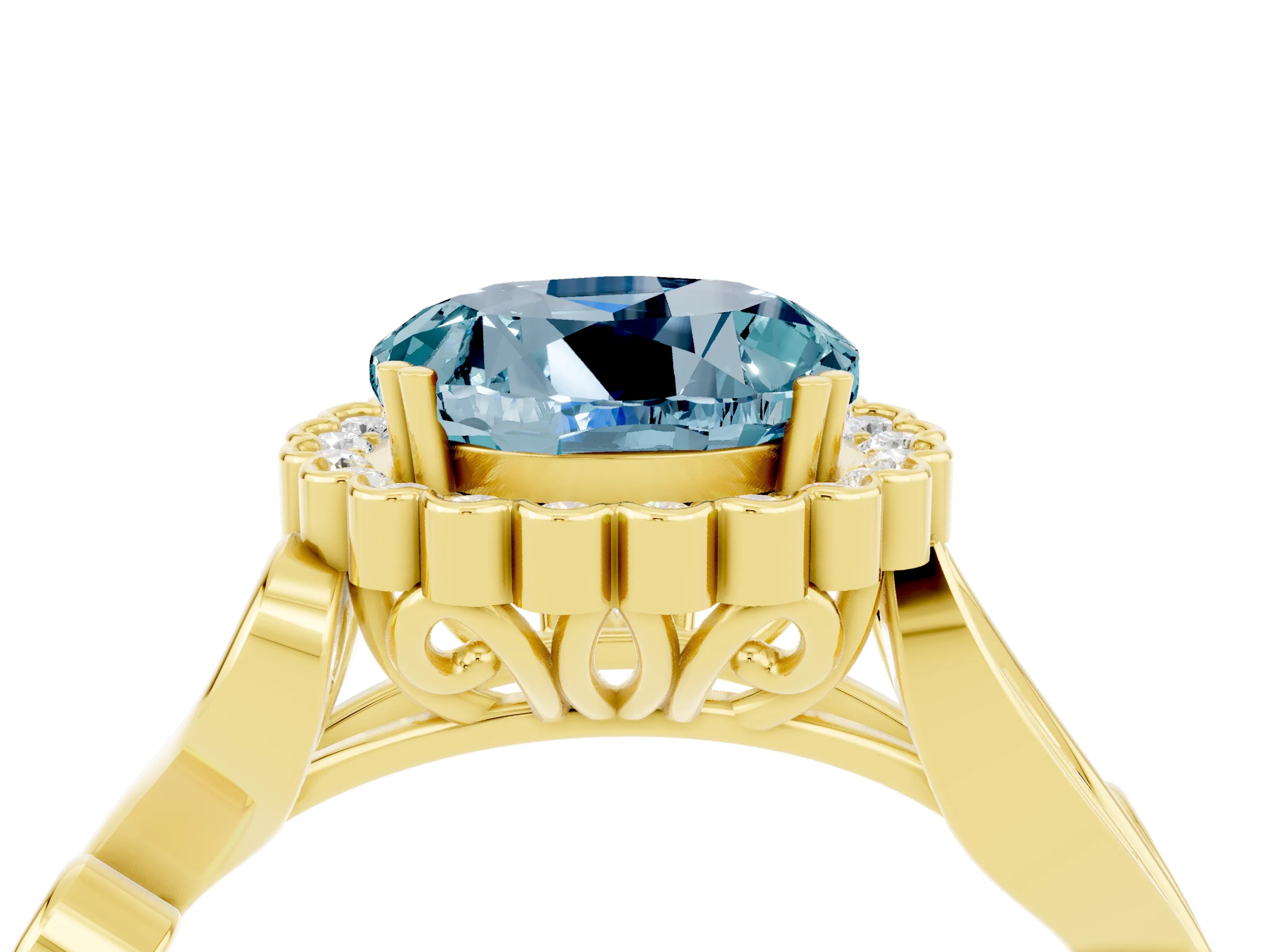 Yellow gold Round Cut Aquamarine Halo Ring with Vintage Split Shank and Four-Prong Setting_4