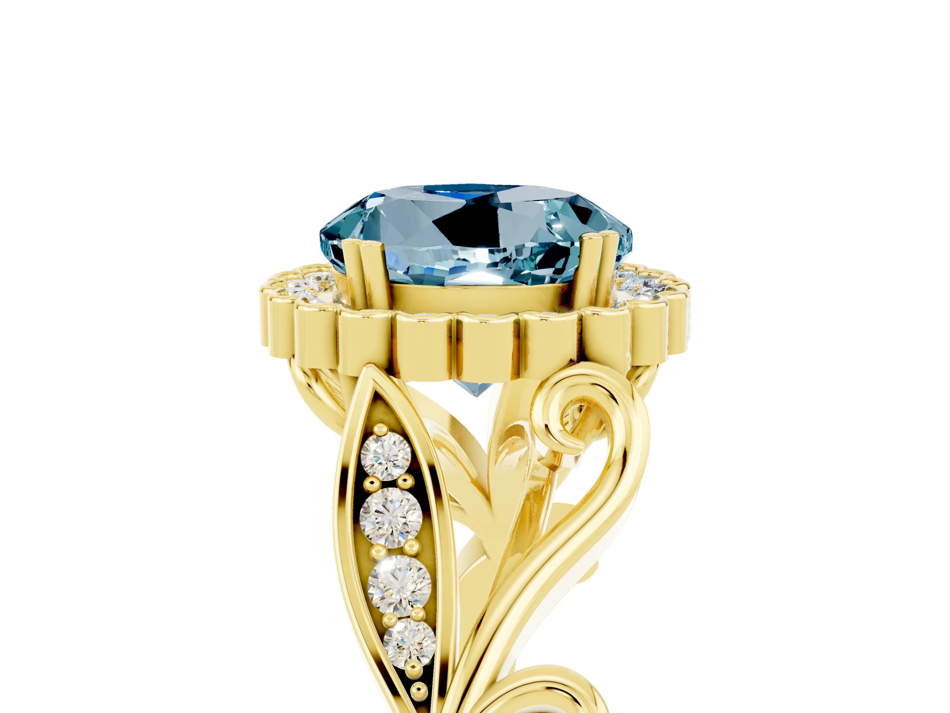 Yellow gold Round Cut Aquamarine Halo Ring with Vintage Split Shank and Four-Prong Setting_5
