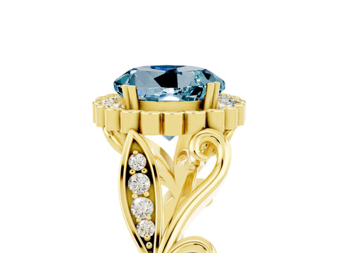 Yellow gold Round Cut Aquamarine Halo Ring with Vintage Split Shank and Four-Prong Setting_5