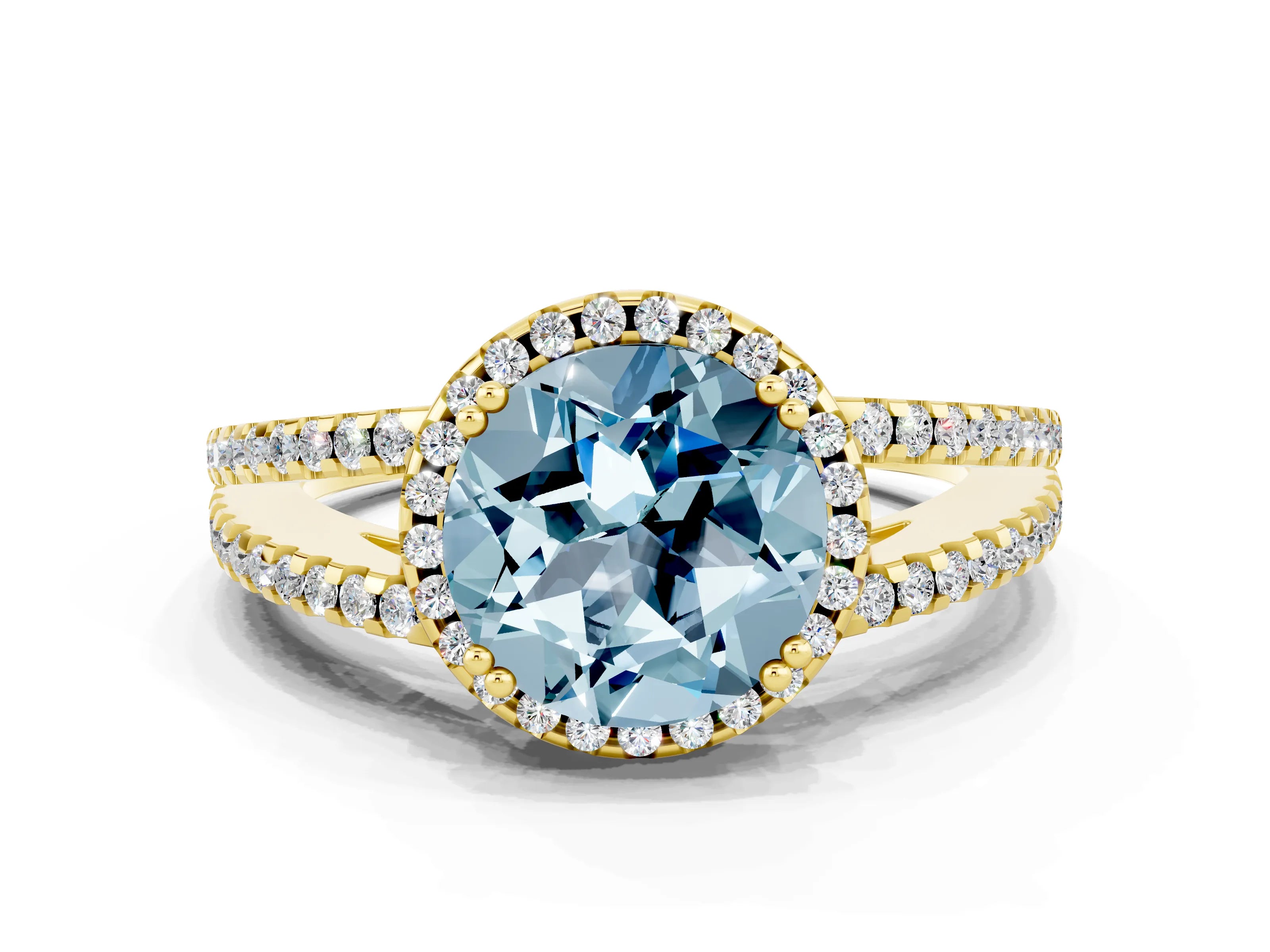 Yellow gold Round Cut Aquamarine Halo Split Shank Engagement Ring_12