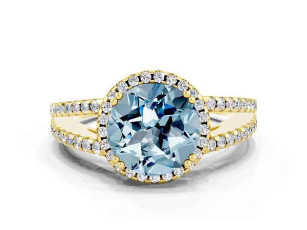 Yellow gold Round Cut Aquamarine Halo Split Shank Engagement Ring