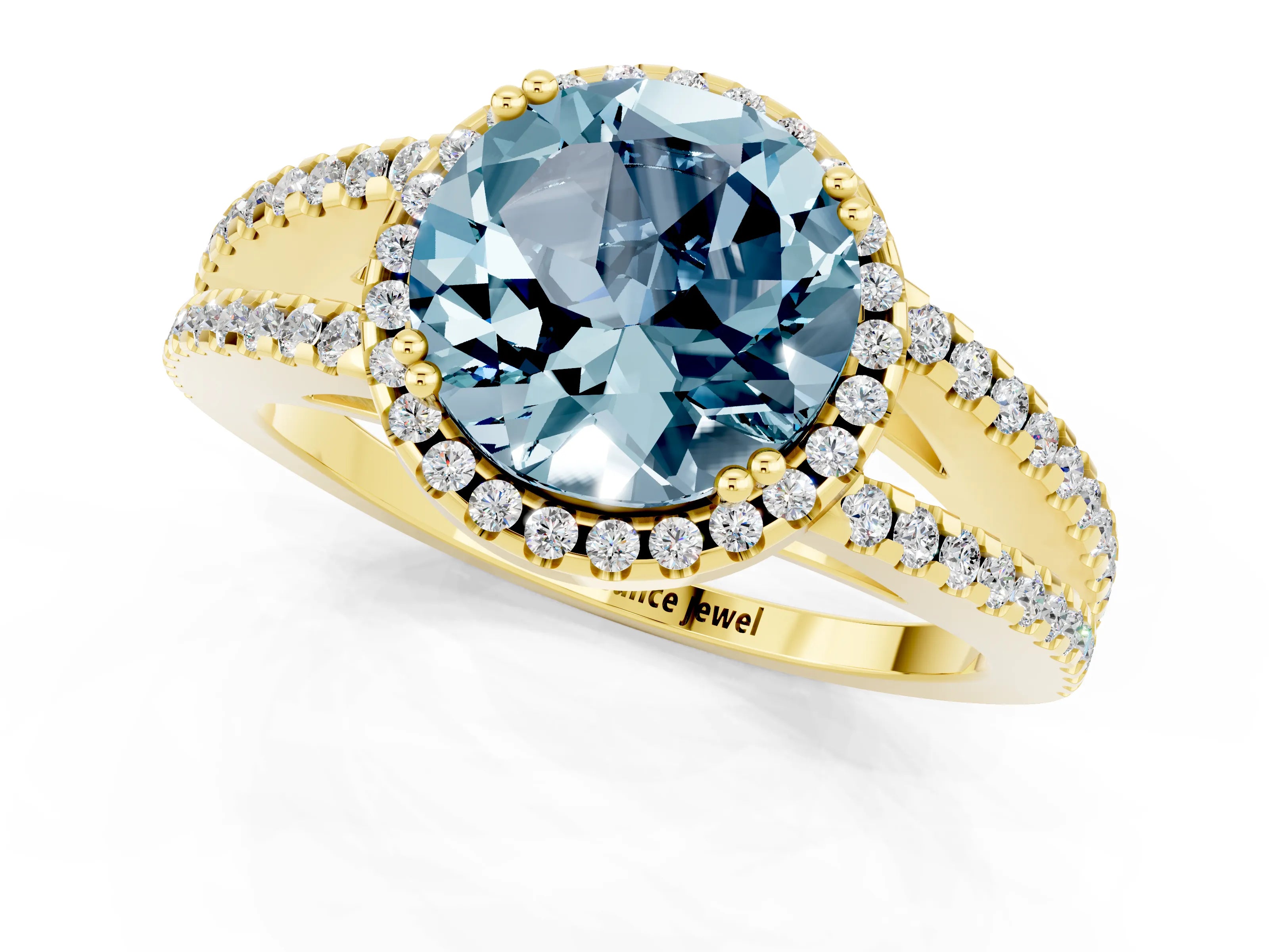 Yellow gold Round Cut Aquamarine Halo Split Shank Engagement Ring_13