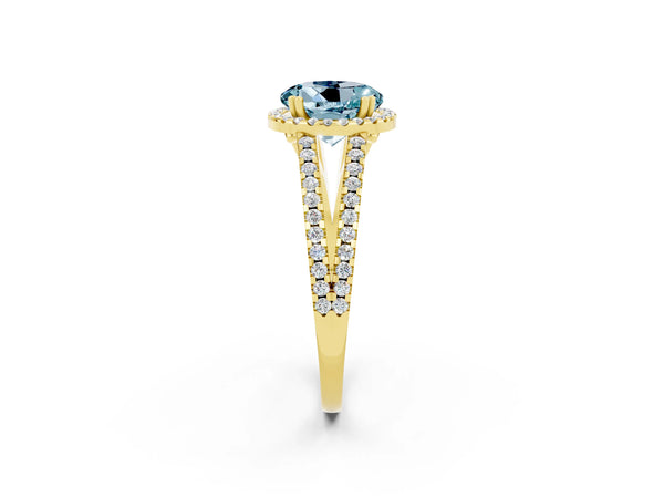 Yellow gold Round Cut Aquamarine Halo Split Shank Engagement Ring