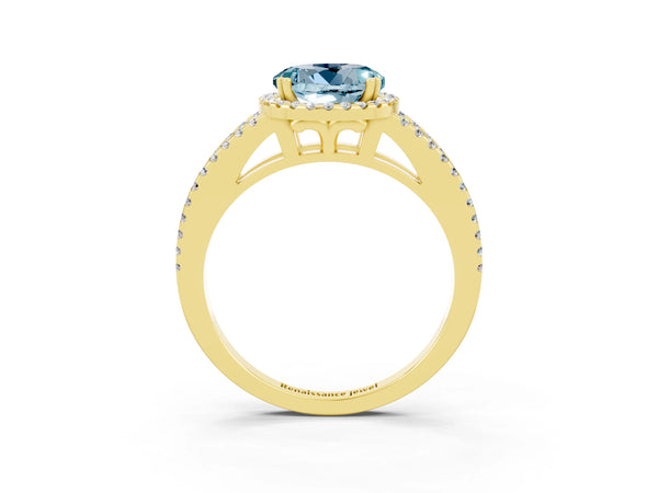 Yellow gold Round Cut Aquamarine Halo Split Shank Engagement Ring