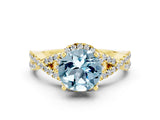 Yellow gold Round Cut Aquamarine Halo Twist Band Solitaire Prong Setting Ring
