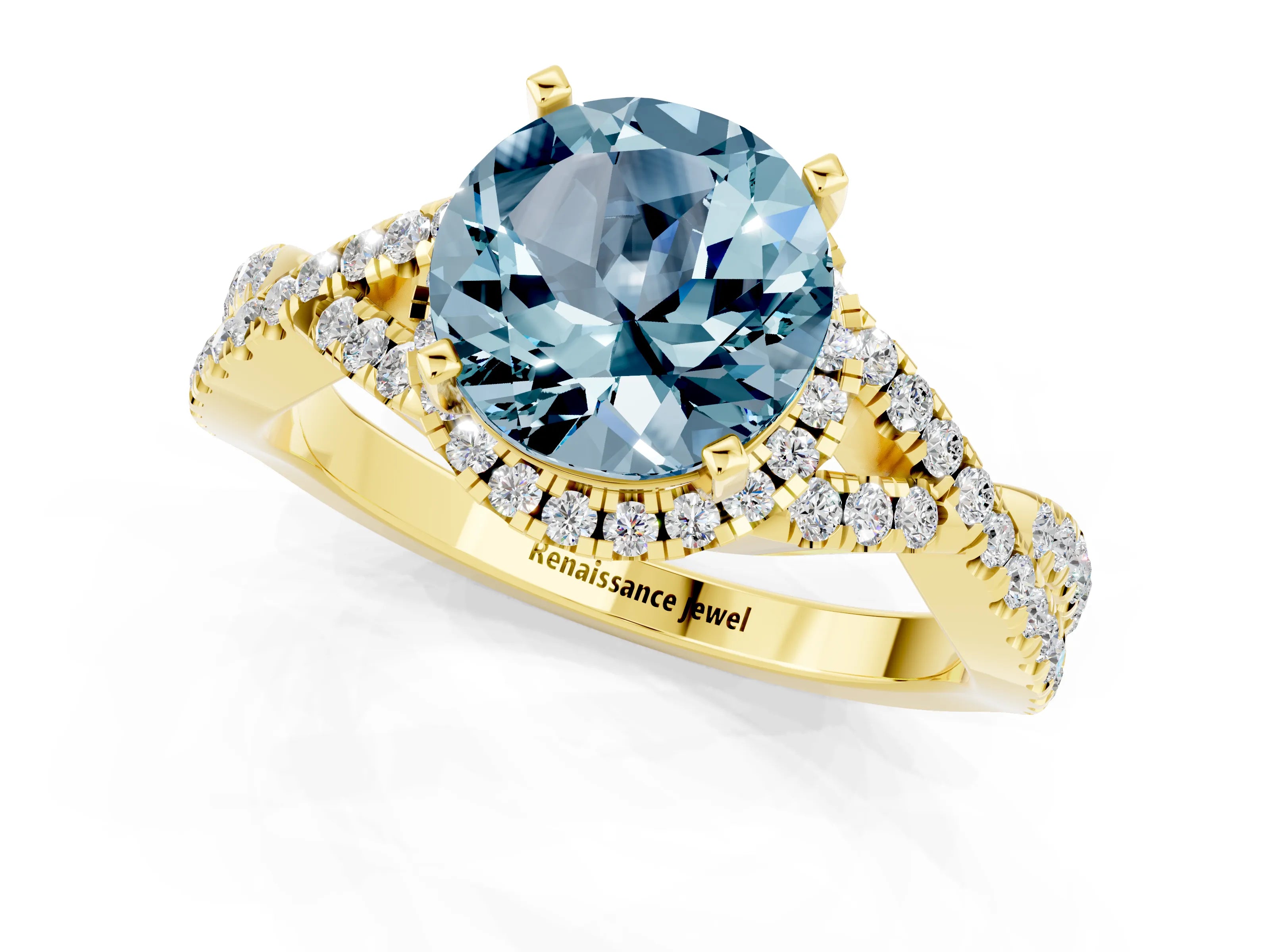 Yellow gold Round Cut Aquamarine Halo Twist Band Solitaire Prong Setting Ring_1