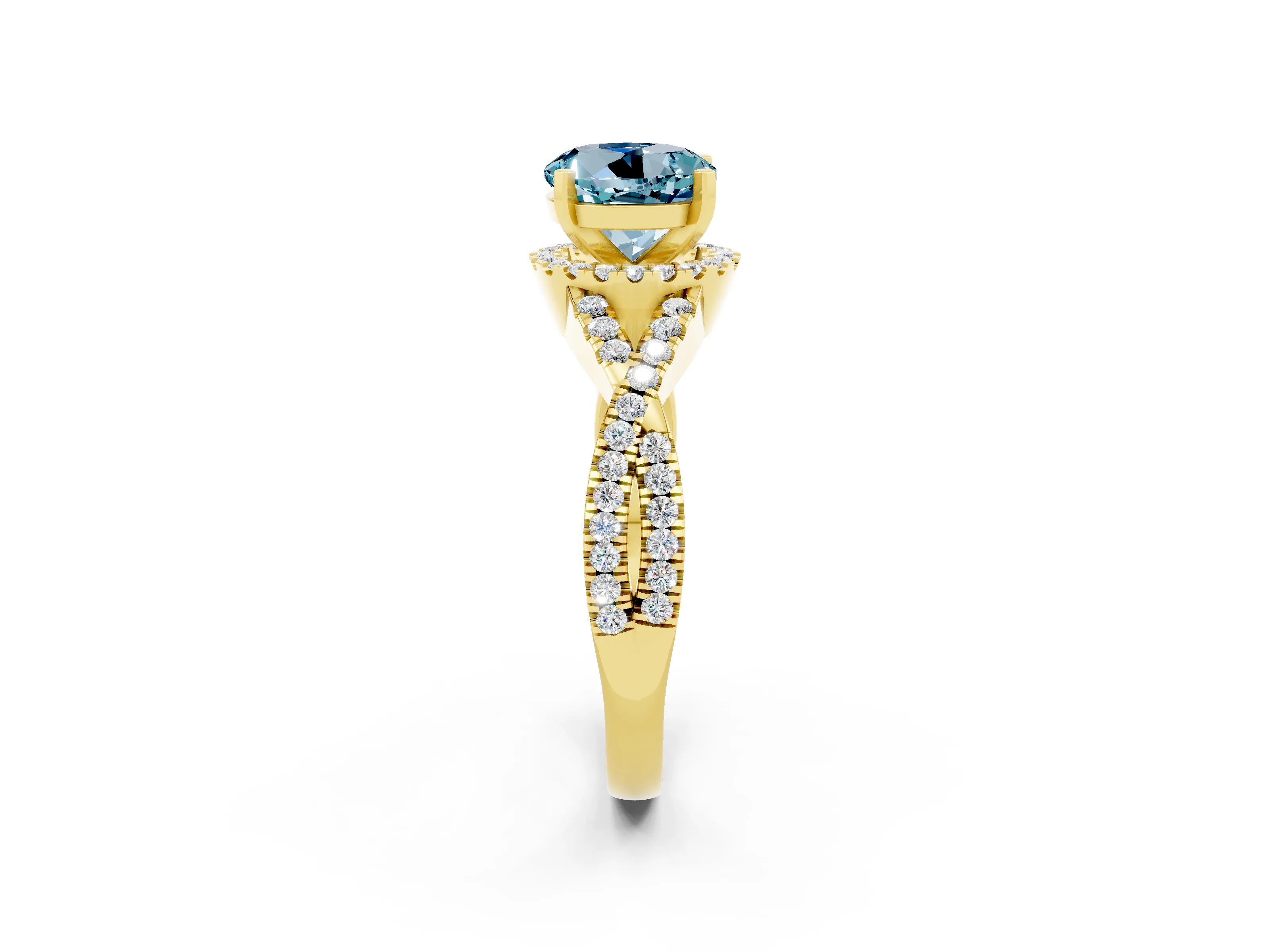 Yellow gold Round Cut Aquamarine Halo Twist Band Solitaire Prong Setting Ring_2