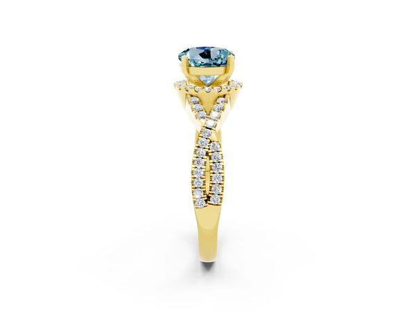 Yellow gold Round Cut Aquamarine  Halo Twist Band Solitaire Prong Setting Ring